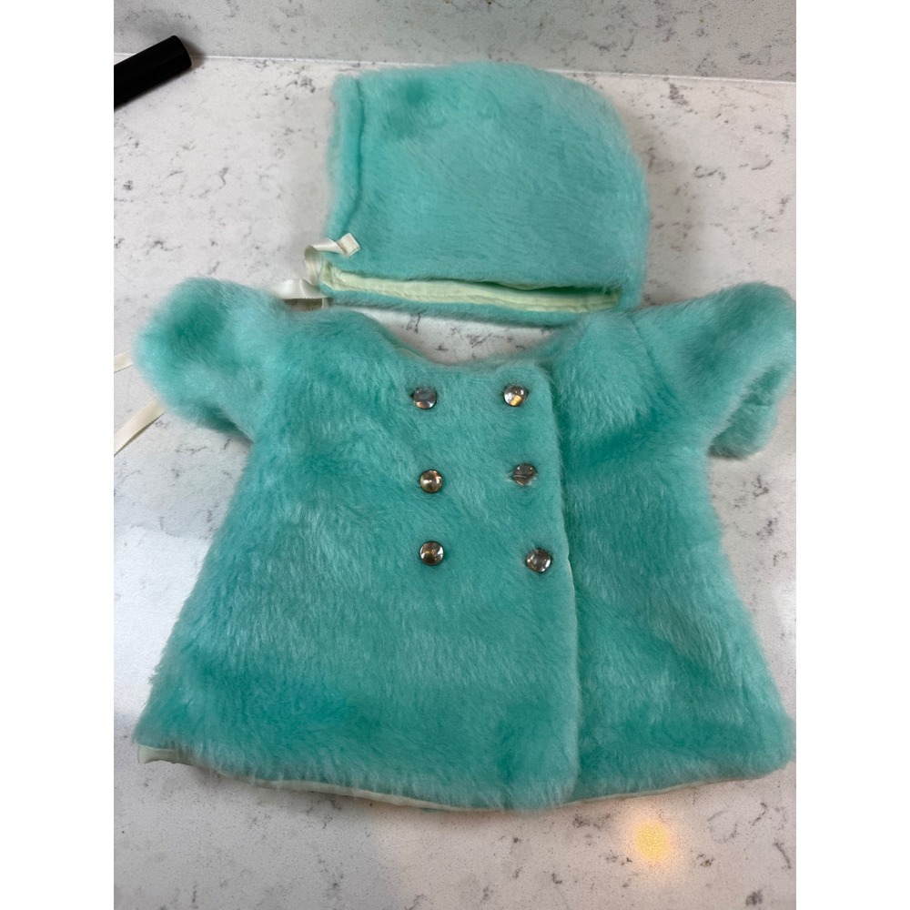 Vintage Aqua Turquoise Faux‎ Fur Doll Coat and Bonnet Set Double Breasted 7 Inch
